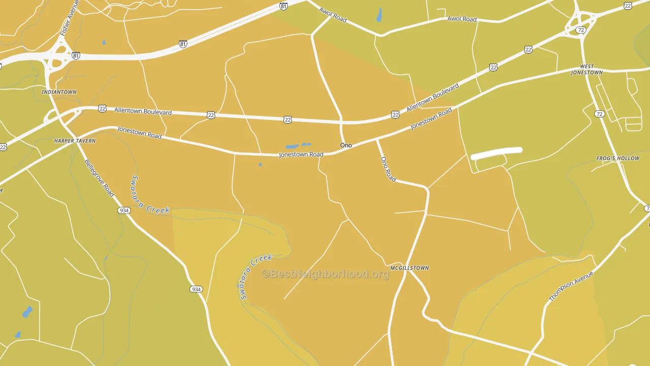 Map of the best neighborhoods in the 17077 area, with better matches in green and worse matches in red