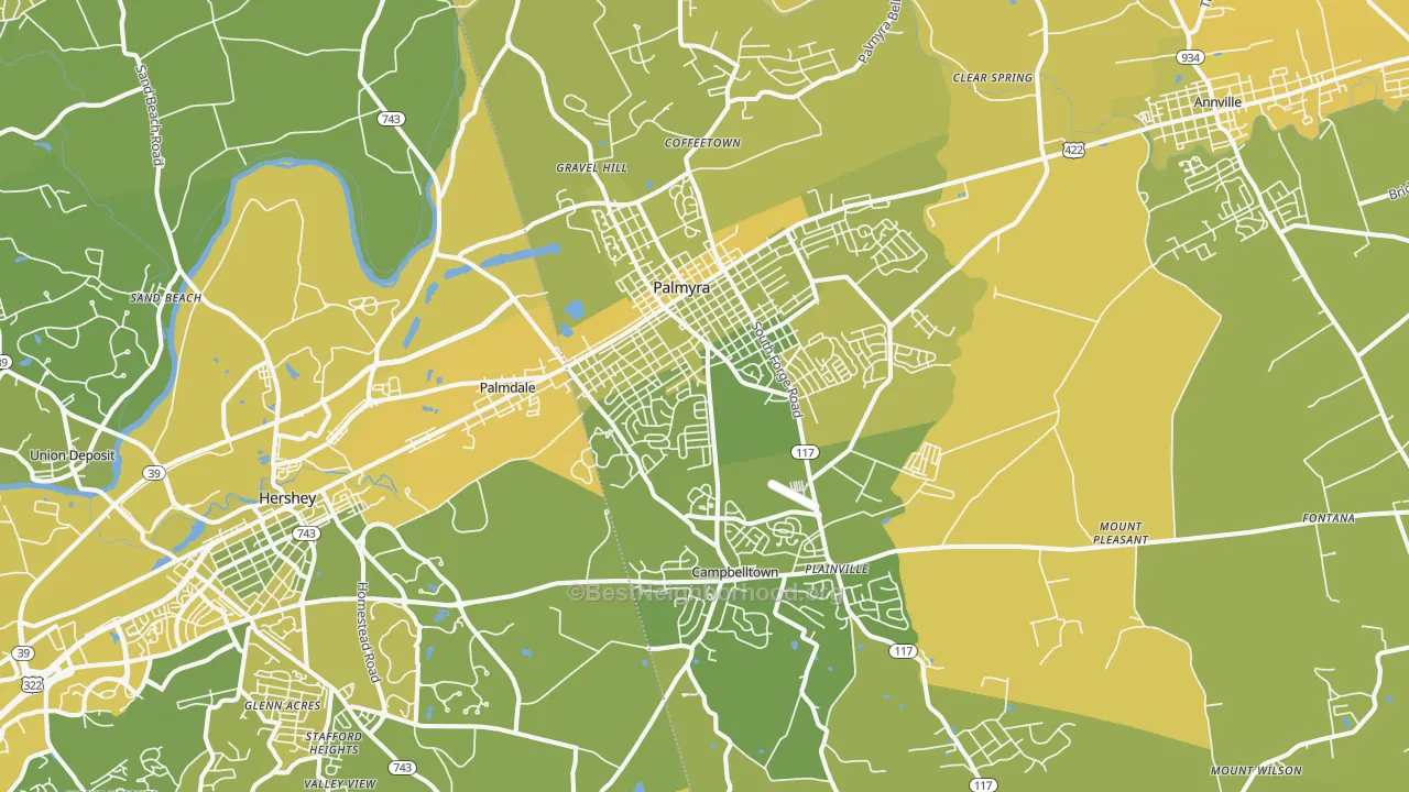 Map of the best neighborhoods in the 17078 area, with better matches in green and worse matches in red