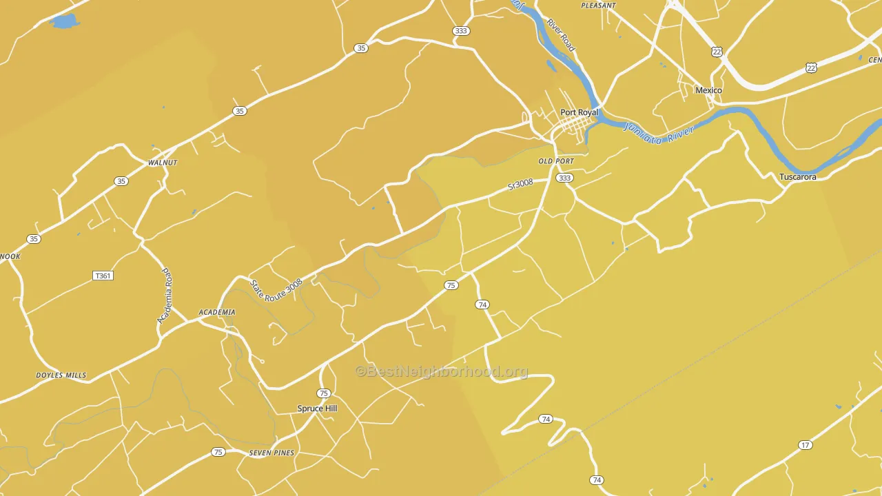 Map of the best neighborhoods in the 17082 area, with better matches in green and worse matches in red