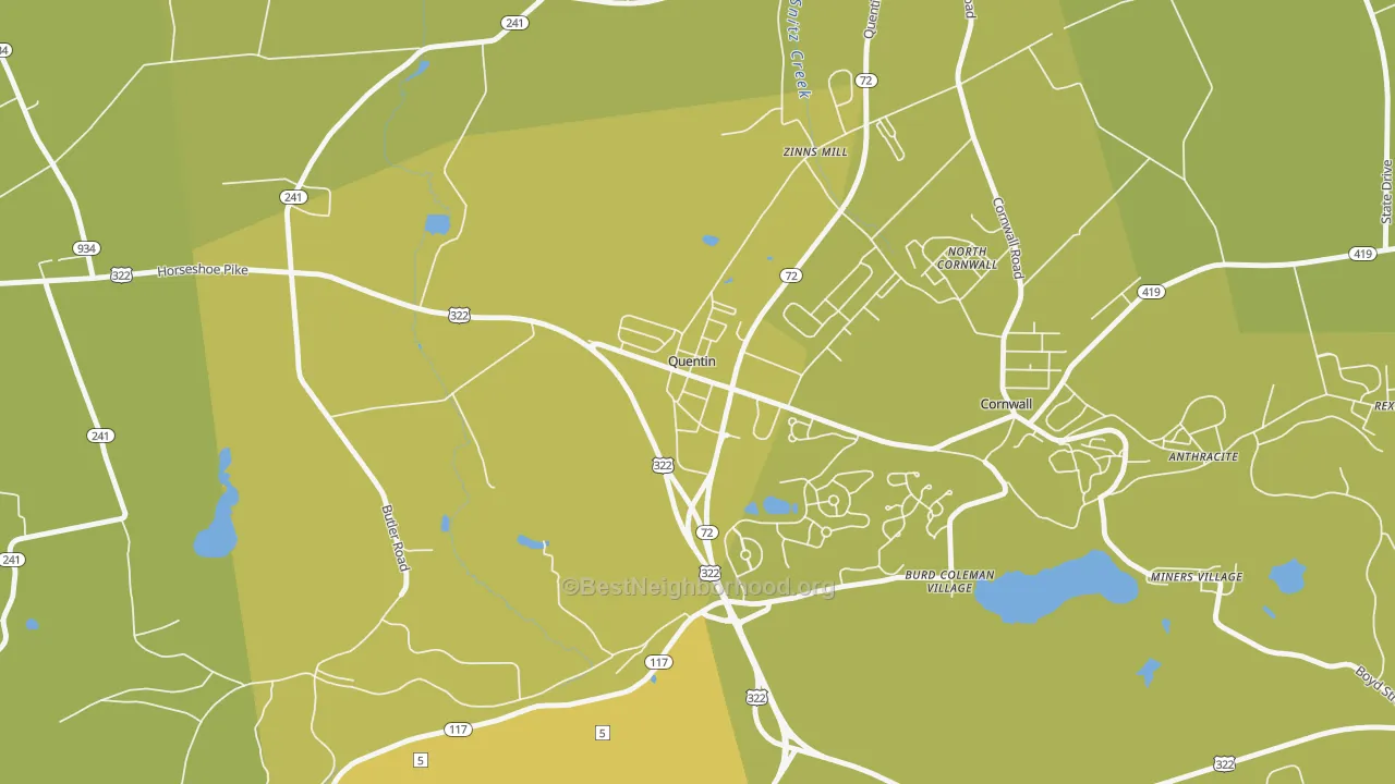 Map of the best neighborhoods in the 17083 area, with better matches in green and worse matches in red