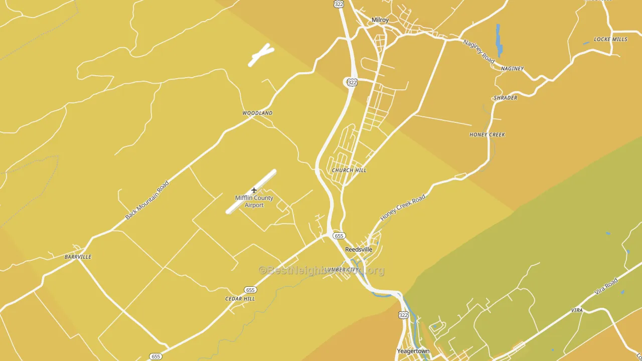 Map of the best neighborhoods in the 17084 area, with better matches in green and worse matches in red