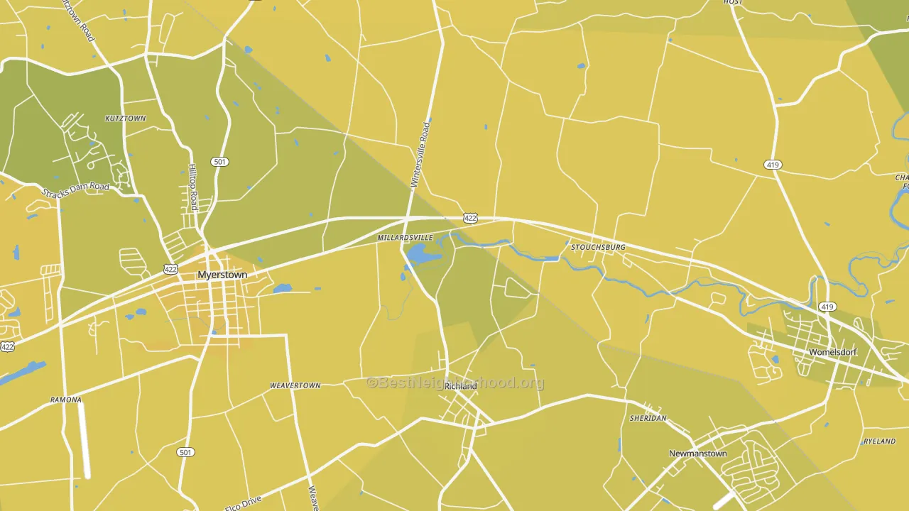 Map of the best neighborhoods in the 17087 area, with better matches in green and worse matches in red