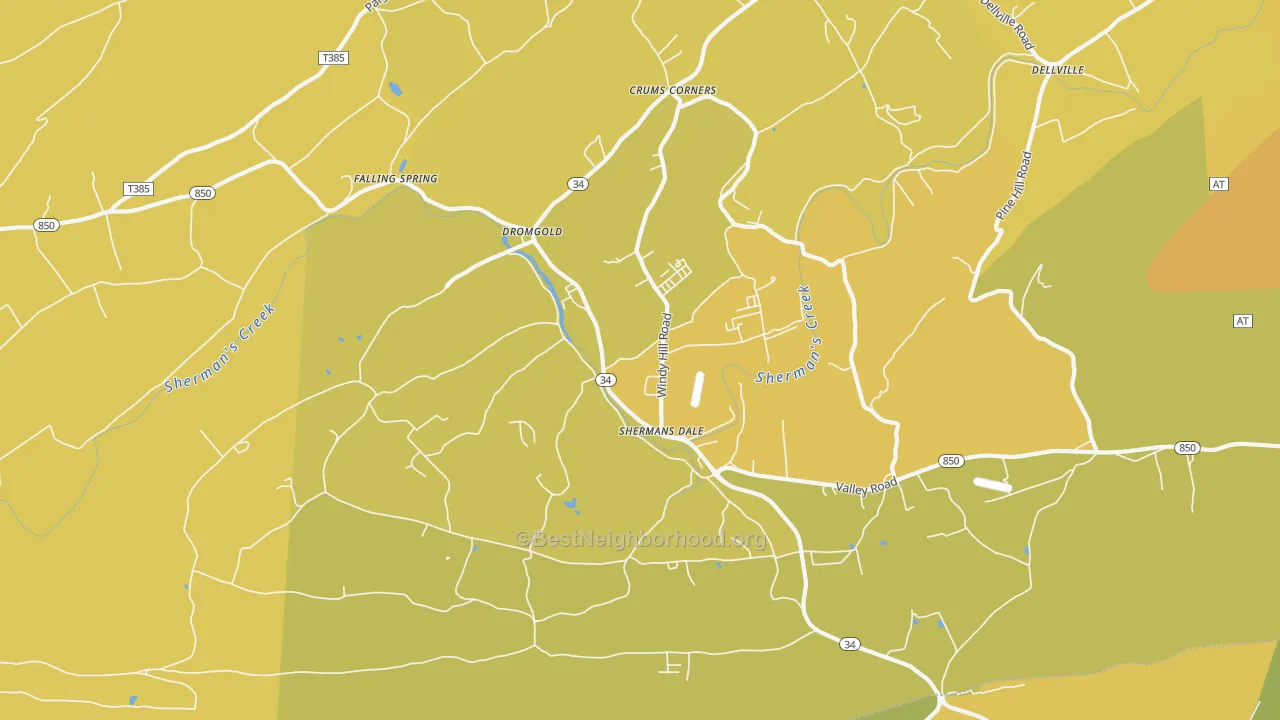 Map of the best neighborhoods in the 17090 area, with better matches in green and worse matches in red
