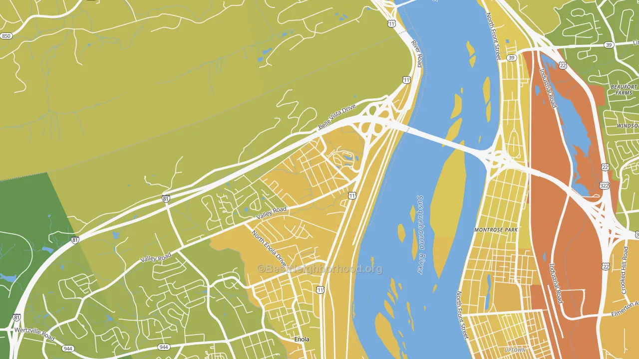 Map of the best neighborhoods in the 17093 area, with better matches in green and worse matches in red