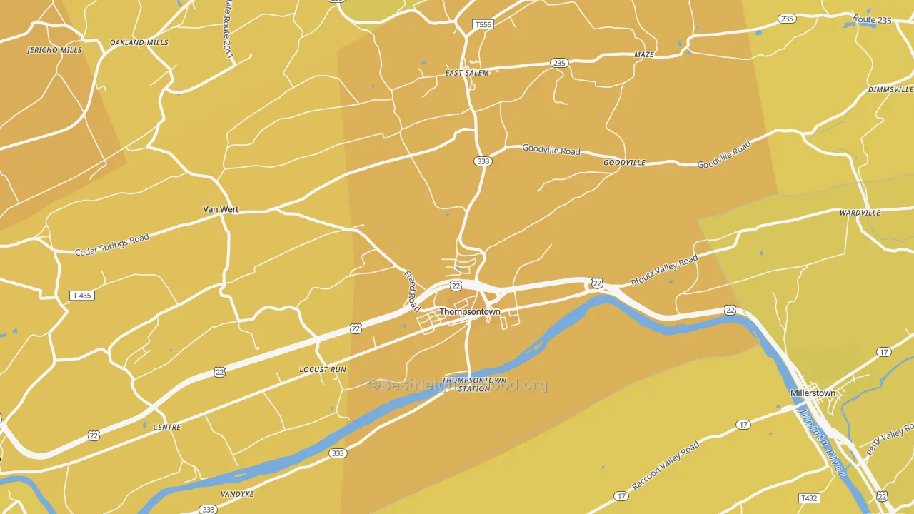 Map of the best neighborhoods in the 17094 area, with better matches in green and worse matches in red