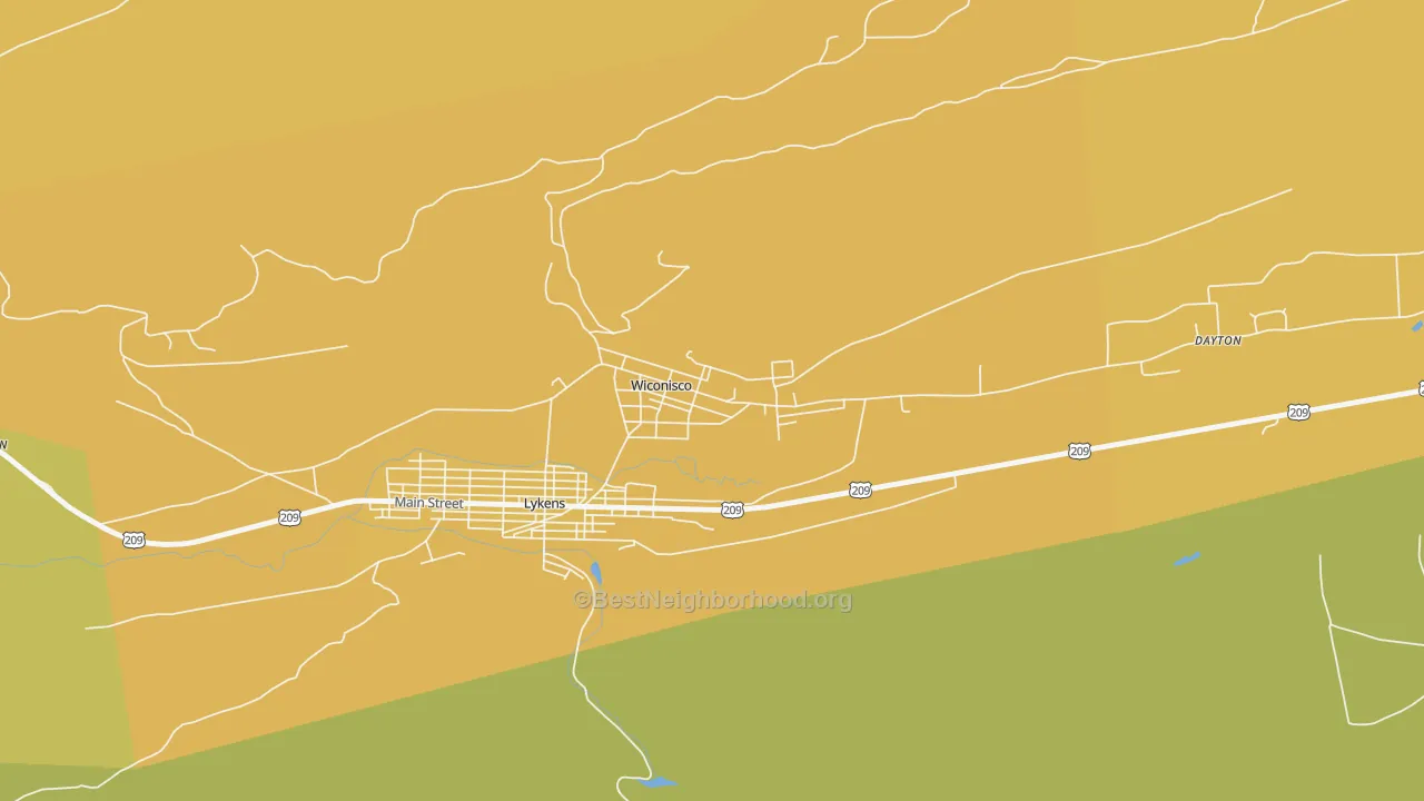 Map of the best neighborhoods in the 17097 area, with better matches in green and worse matches in red