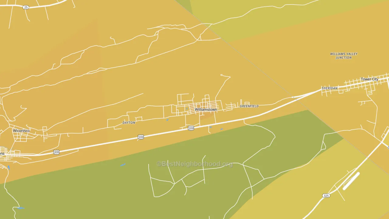 Map of the best neighborhoods in the 17098 area, with better matches in green and worse matches in red