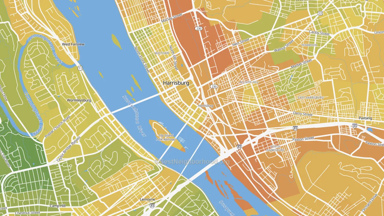 Map of the best neighborhoods in the 17101 area, with better matches in green and worse matches in red