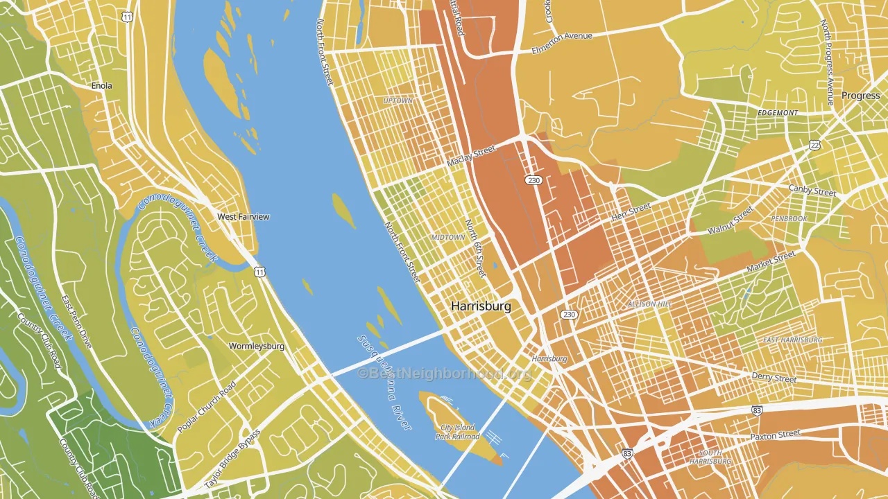 Map of the best neighborhoods in the 17102 area, with better matches in green and worse matches in red