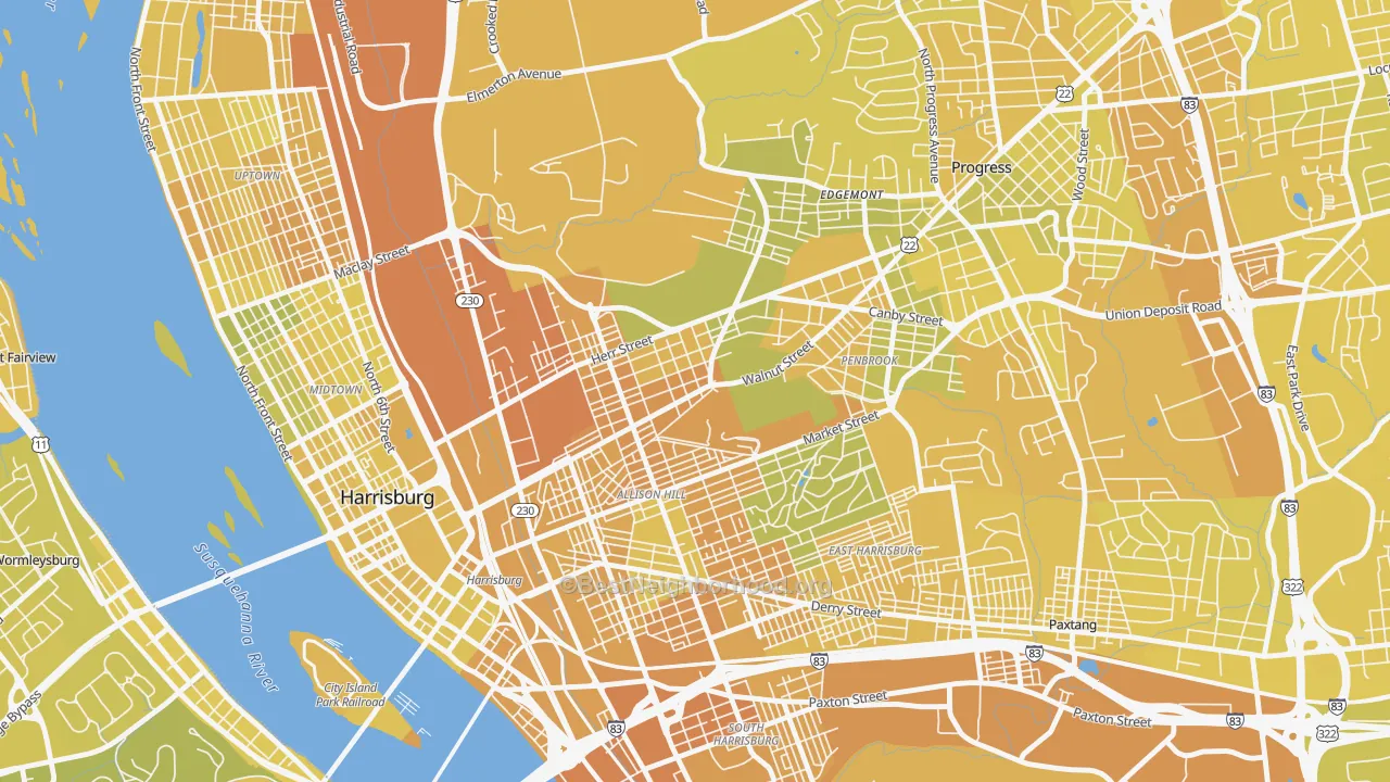 Map of the best neighborhoods in the 17103 area, with better matches in green and worse matches in red