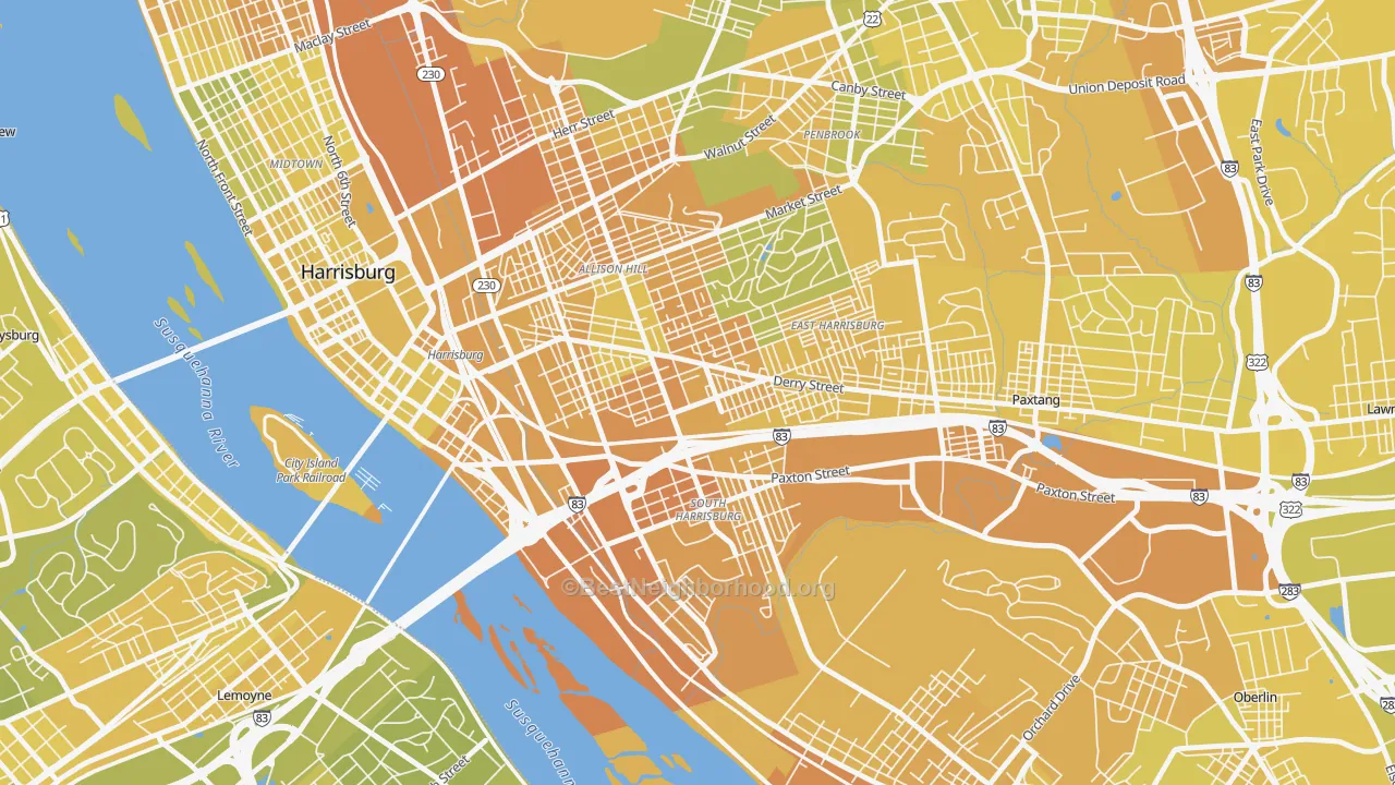 Map of the best neighborhoods in the 17104 area, with better matches in green and worse matches in red