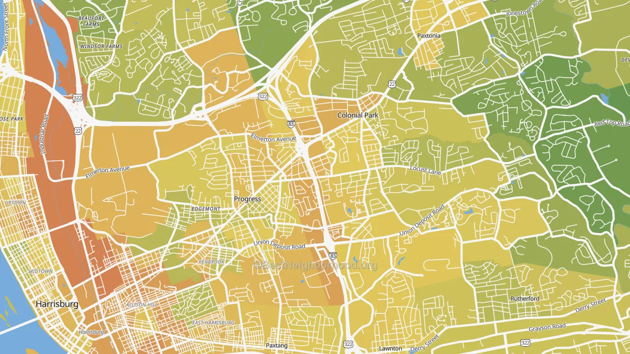 Map of the best neighborhoods in the 17109 area, with better matches in green and worse matches in red