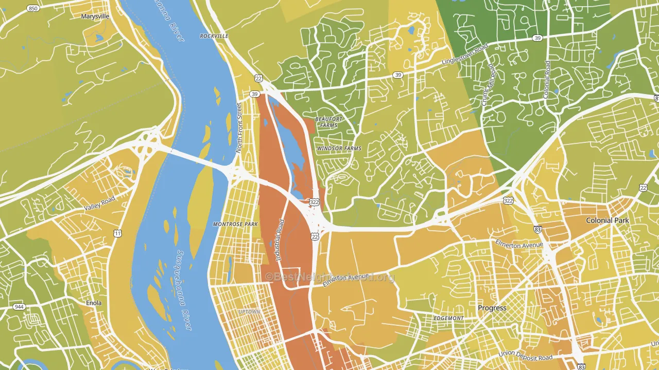 Map of the best neighborhoods in the 17110 area, with better matches in green and worse matches in red