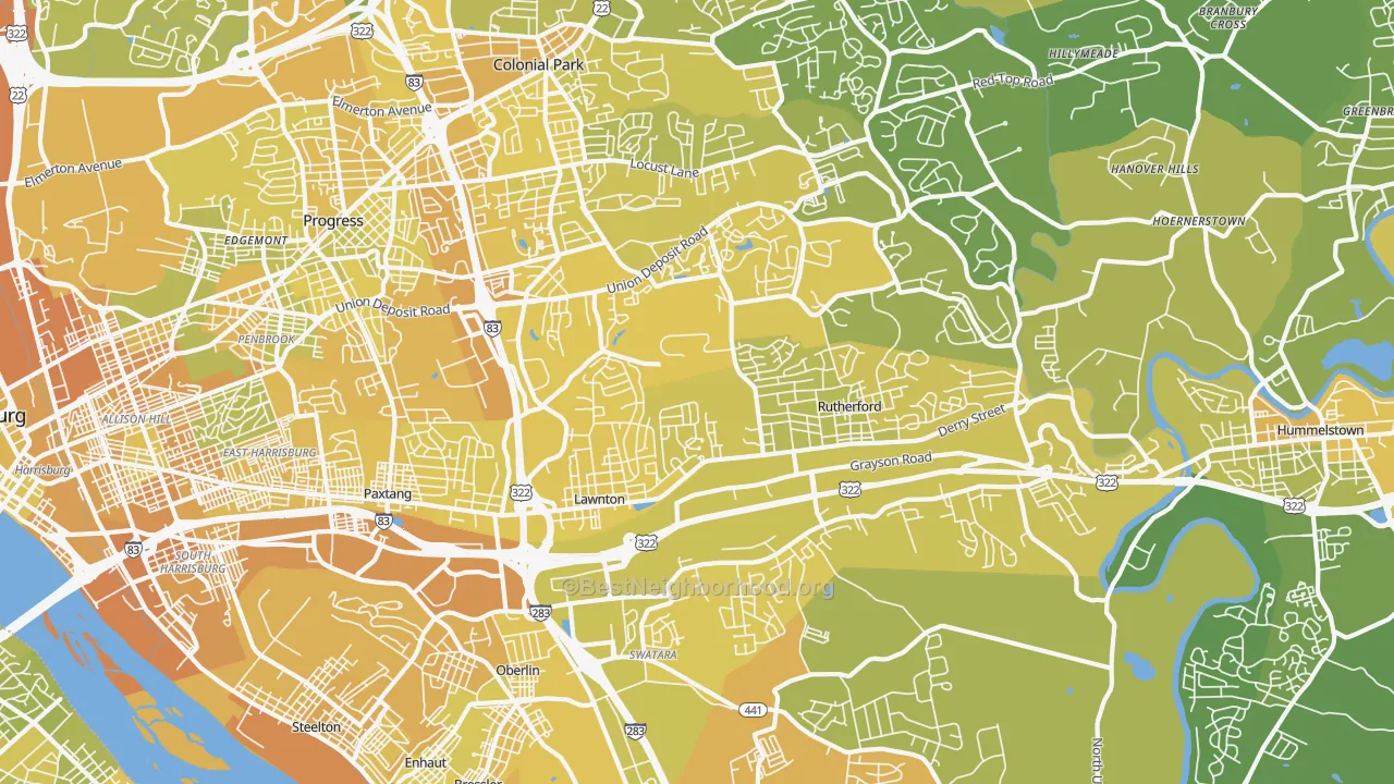Map of the best neighborhoods in the 17111 area, with better matches in green and worse matches in red