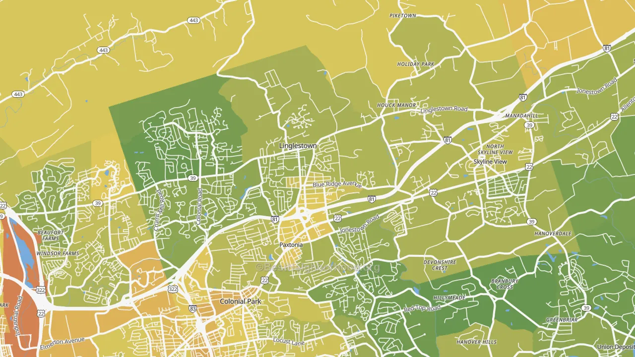 Map of the best neighborhoods in the 17112 area, with better matches in green and worse matches in red