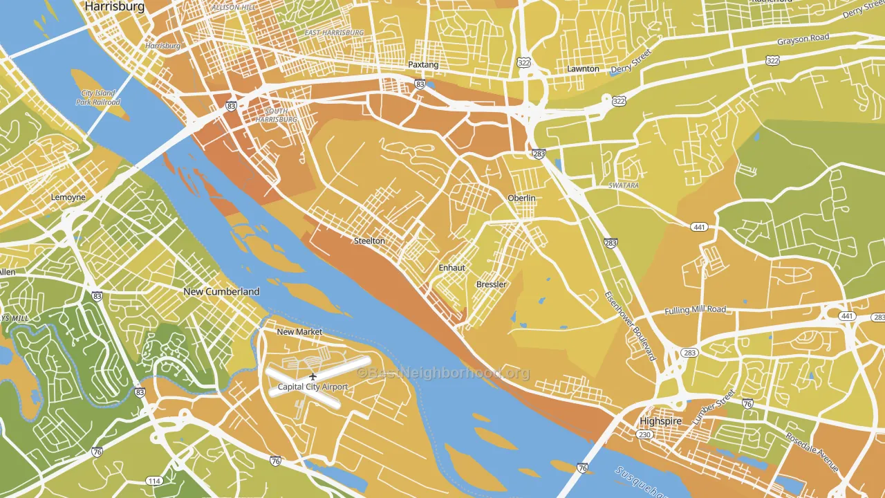 Map of the best neighborhoods in the 17113 area, with better matches in green and worse matches in red
