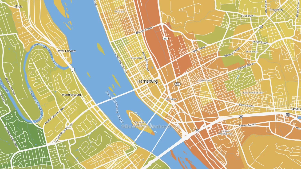 Map of the best neighborhoods in the 17120 area, with better matches in green and worse matches in red