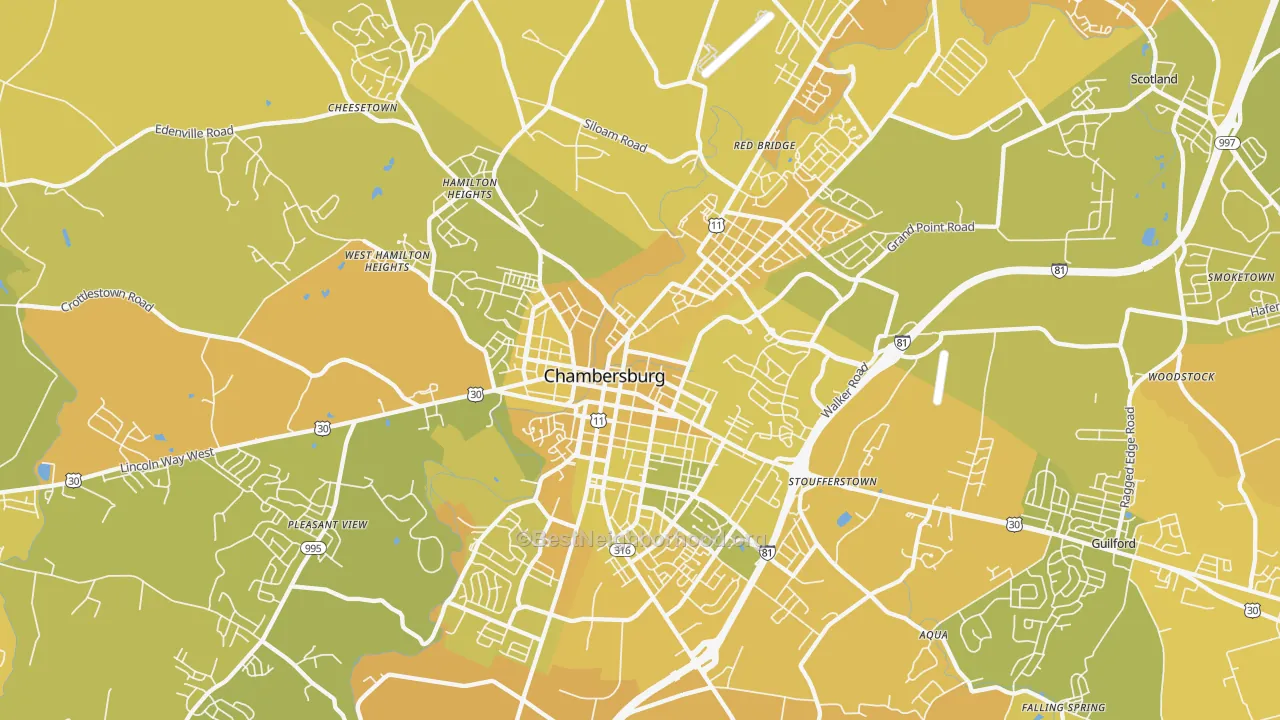 Map of the best neighborhoods in the 17201 area, with better matches in green and worse matches in red