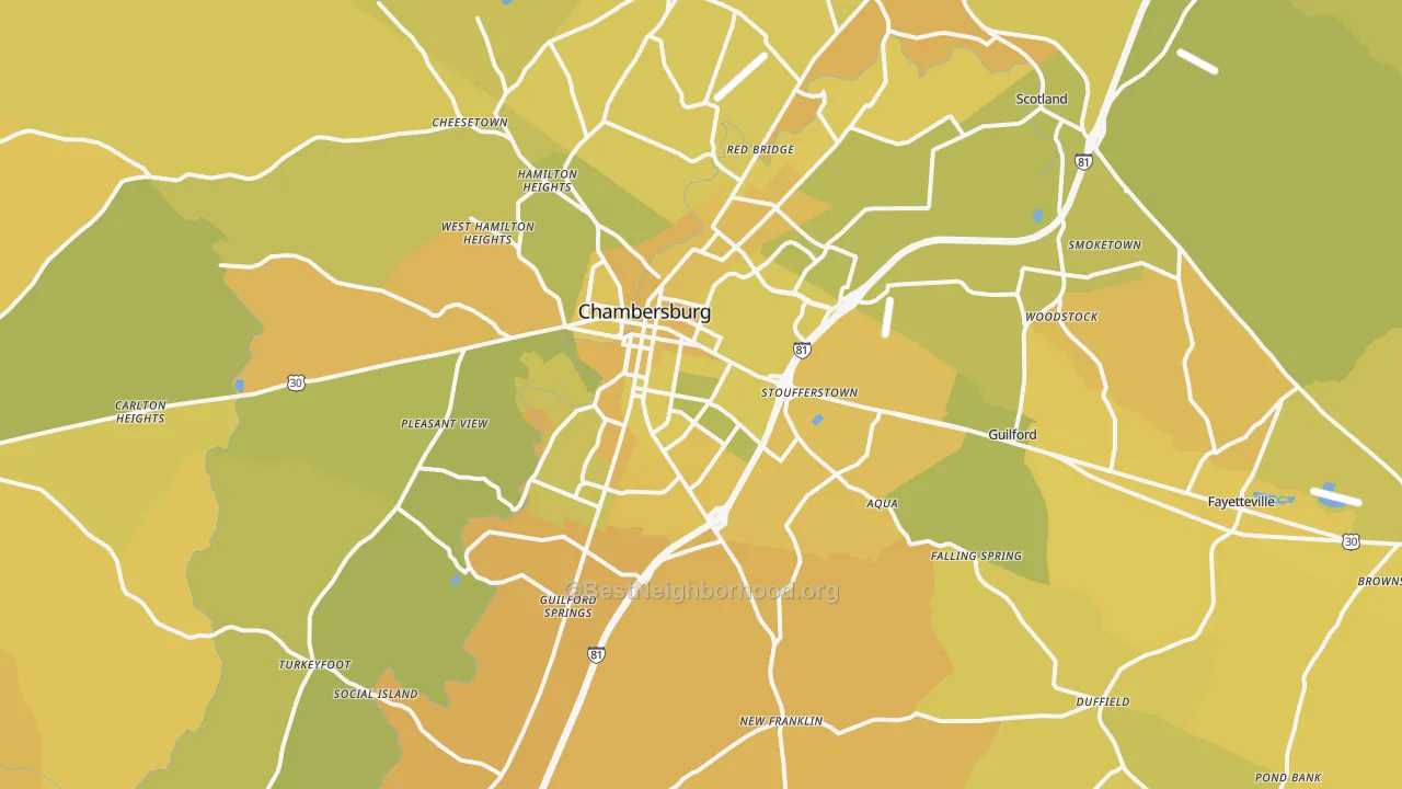 Map of the best neighborhoods in the 17202 area, with better matches in green and worse matches in red