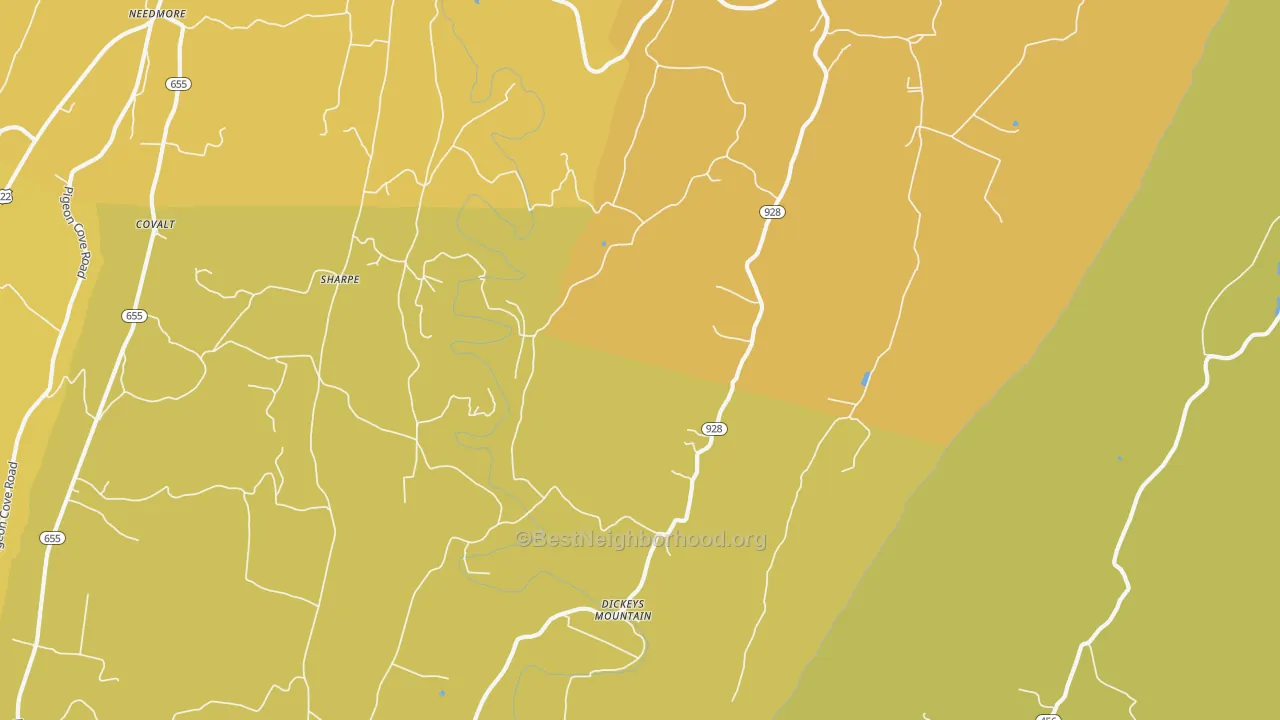 Map of the best neighborhoods in the 17212 area, with better matches in green and worse matches in red