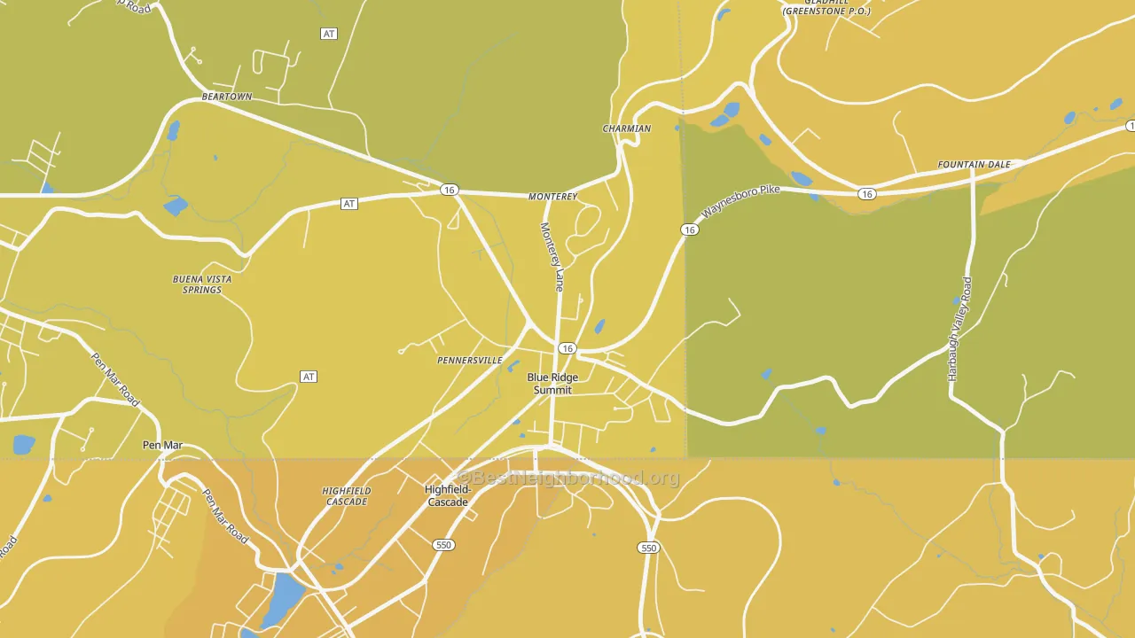 Map of the best neighborhoods in the 17214 area, with better matches in green and worse matches in red