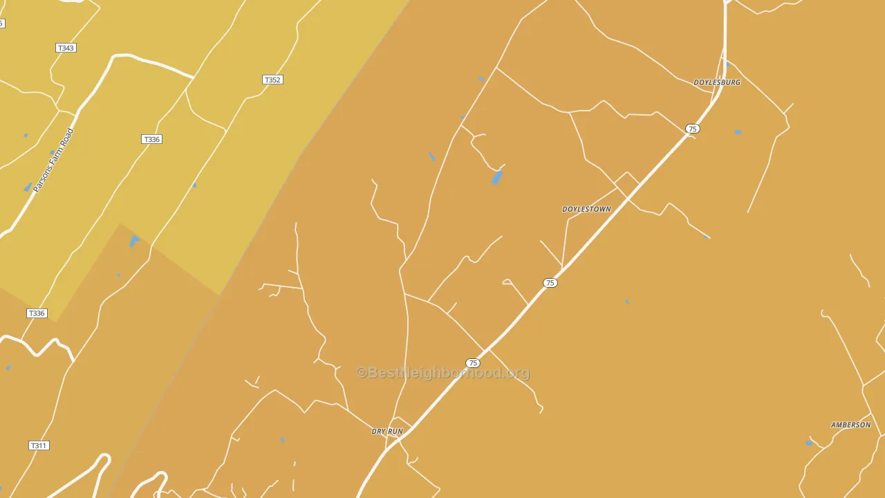 Map of the best neighborhoods in the 17220 area, with better matches in green and worse matches in red