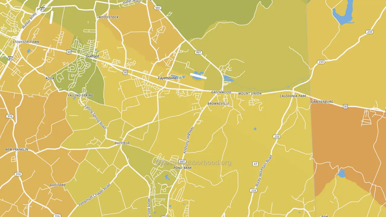 Map of the best neighborhoods in the 17222 area, with better matches in green and worse matches in red