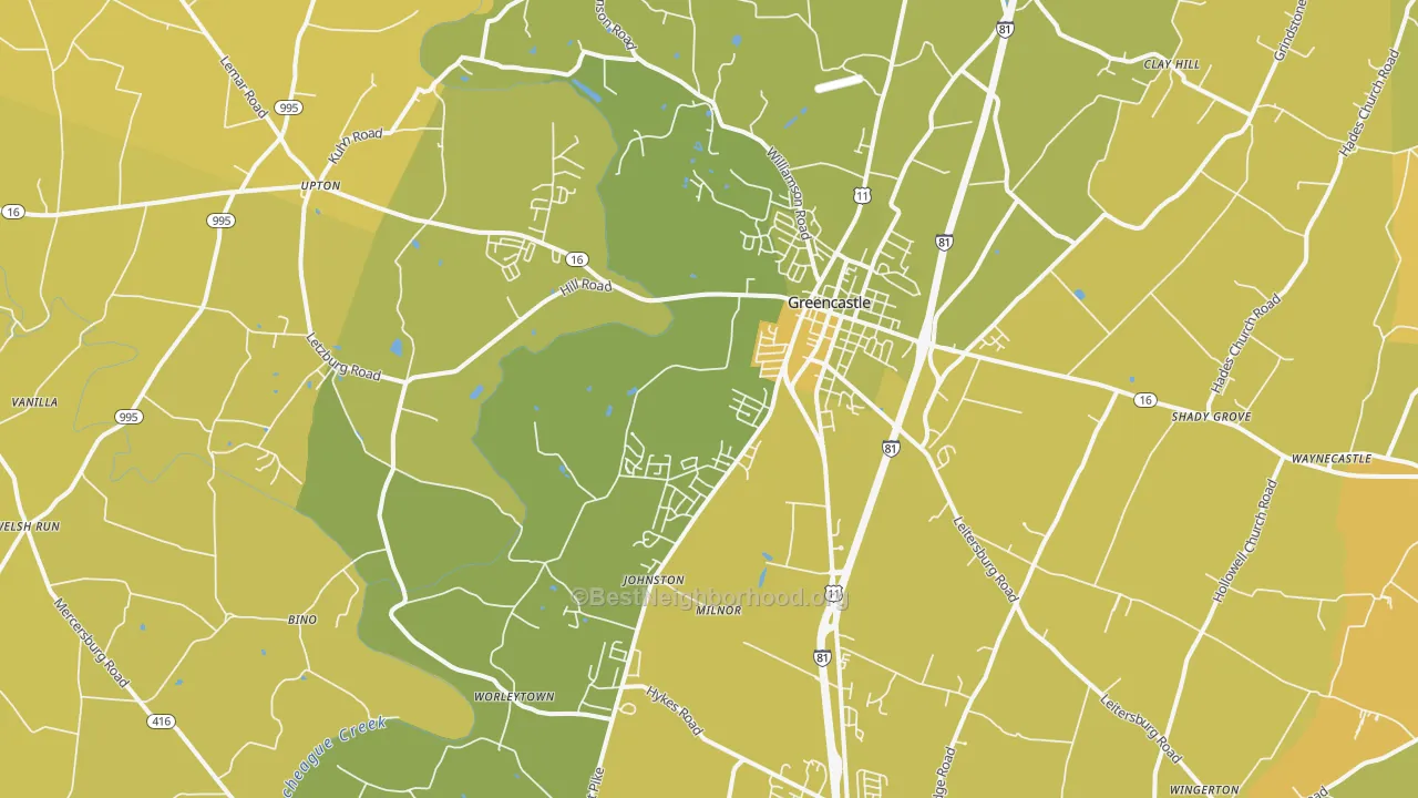 Map of the best neighborhoods in the 17225 area, with better matches in green and worse matches in red