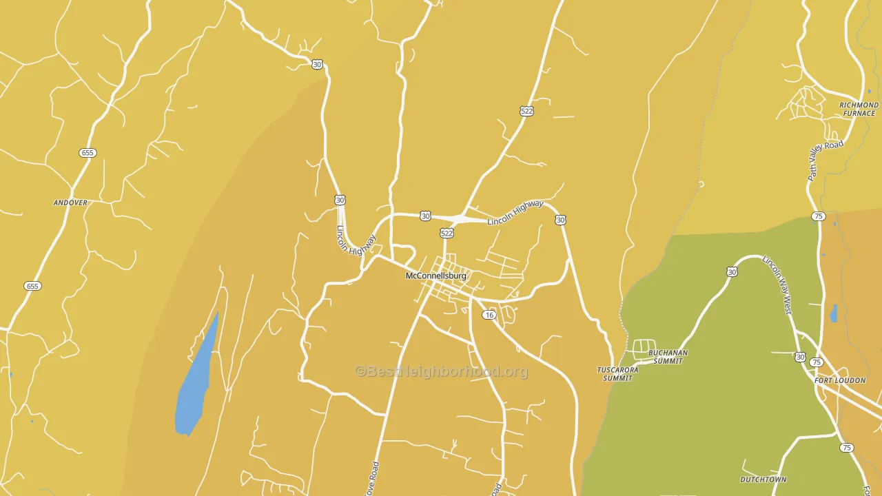 Map of the best neighborhoods in the 17233 area, with better matches in green and worse matches in red