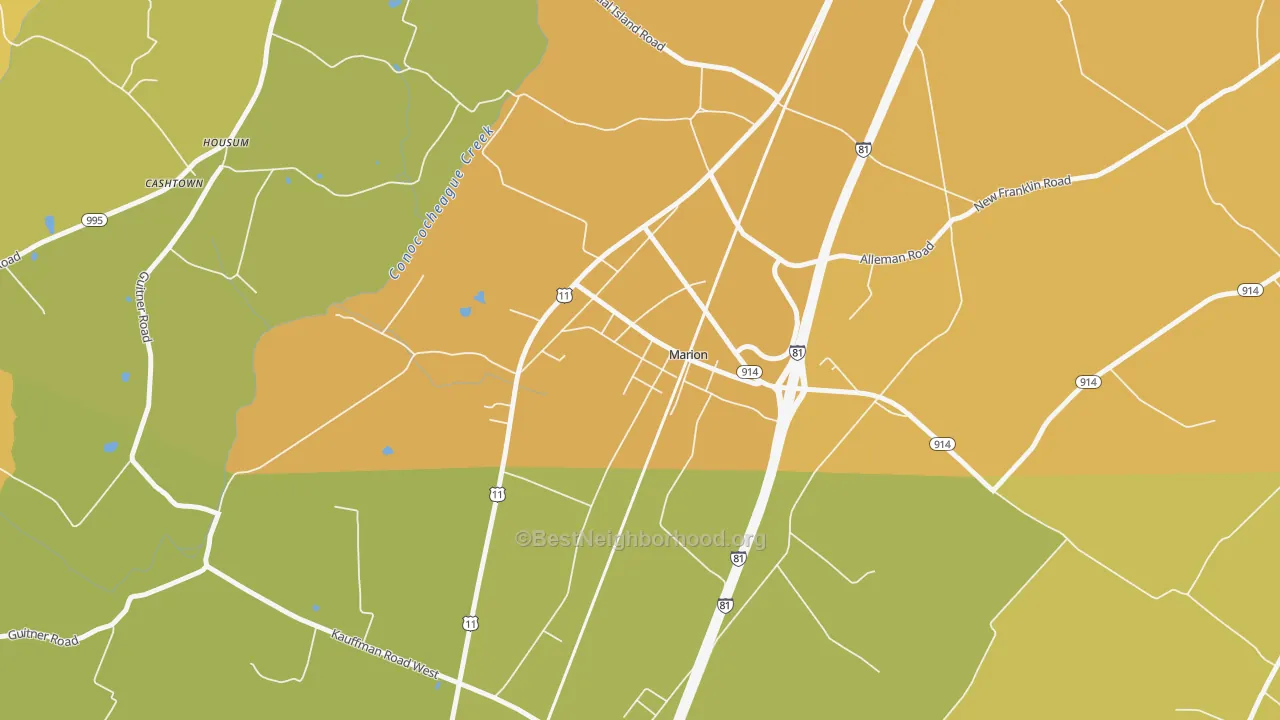 Map of the best neighborhoods in the 17235 area, with better matches in green and worse matches in red