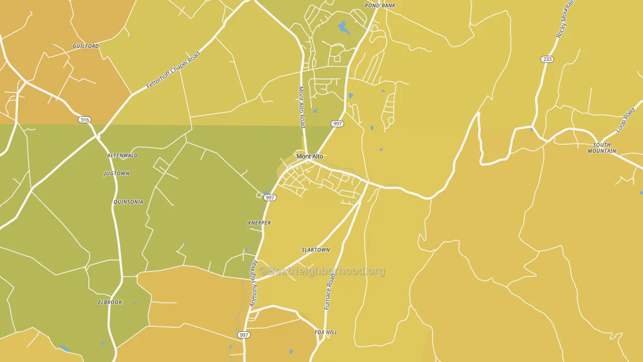 Map of the best neighborhoods in the 17237 area, with better matches in green and worse matches in red