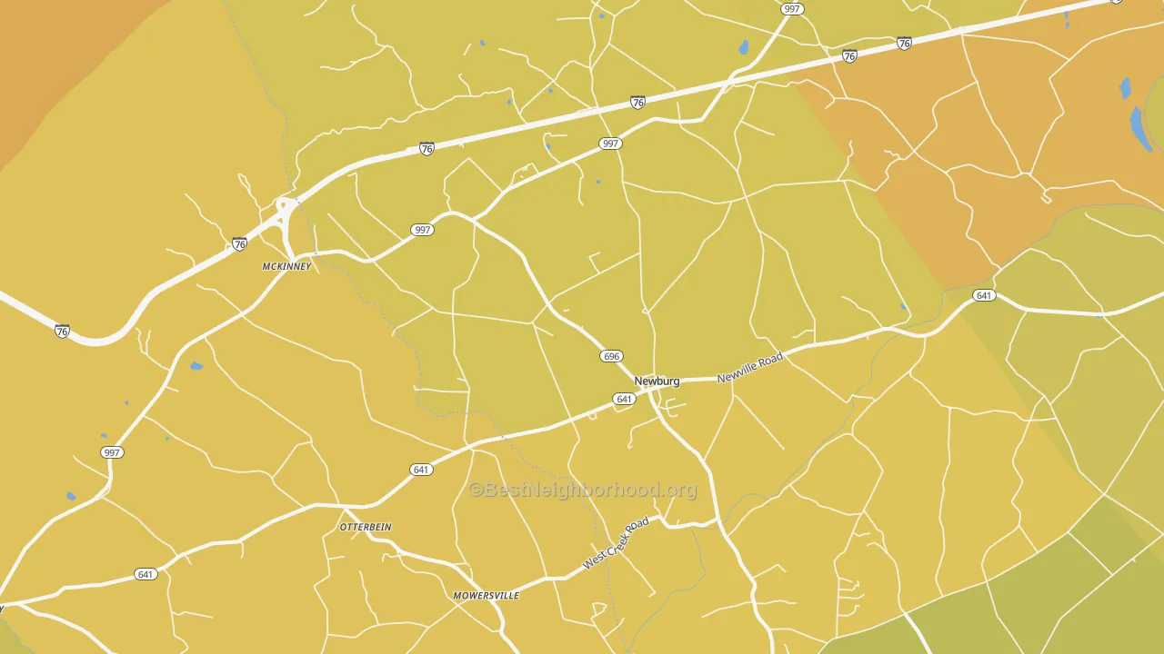 Map of the best neighborhoods in the 17240 area, with better matches in green and worse matches in red