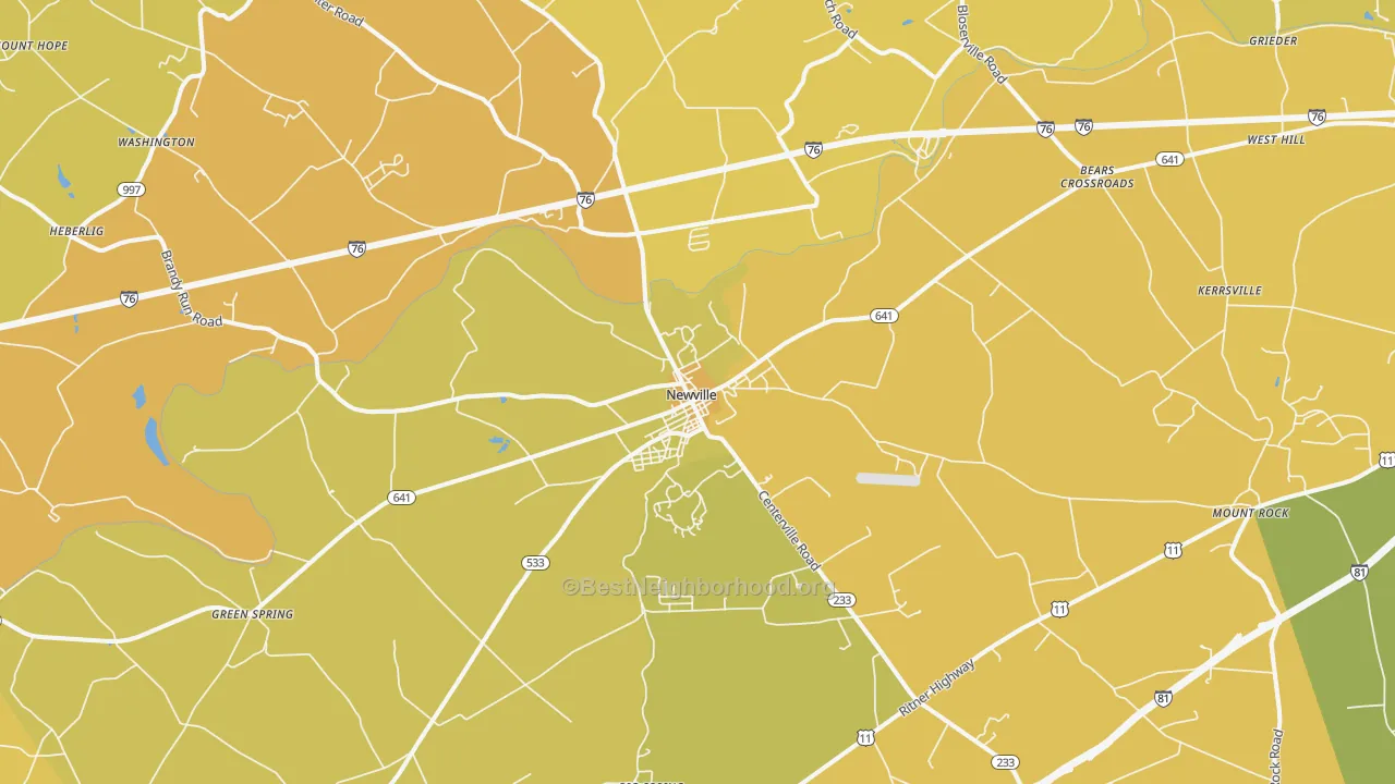 Map of the best neighborhoods in the 17241 area, with better matches in green and worse matches in red