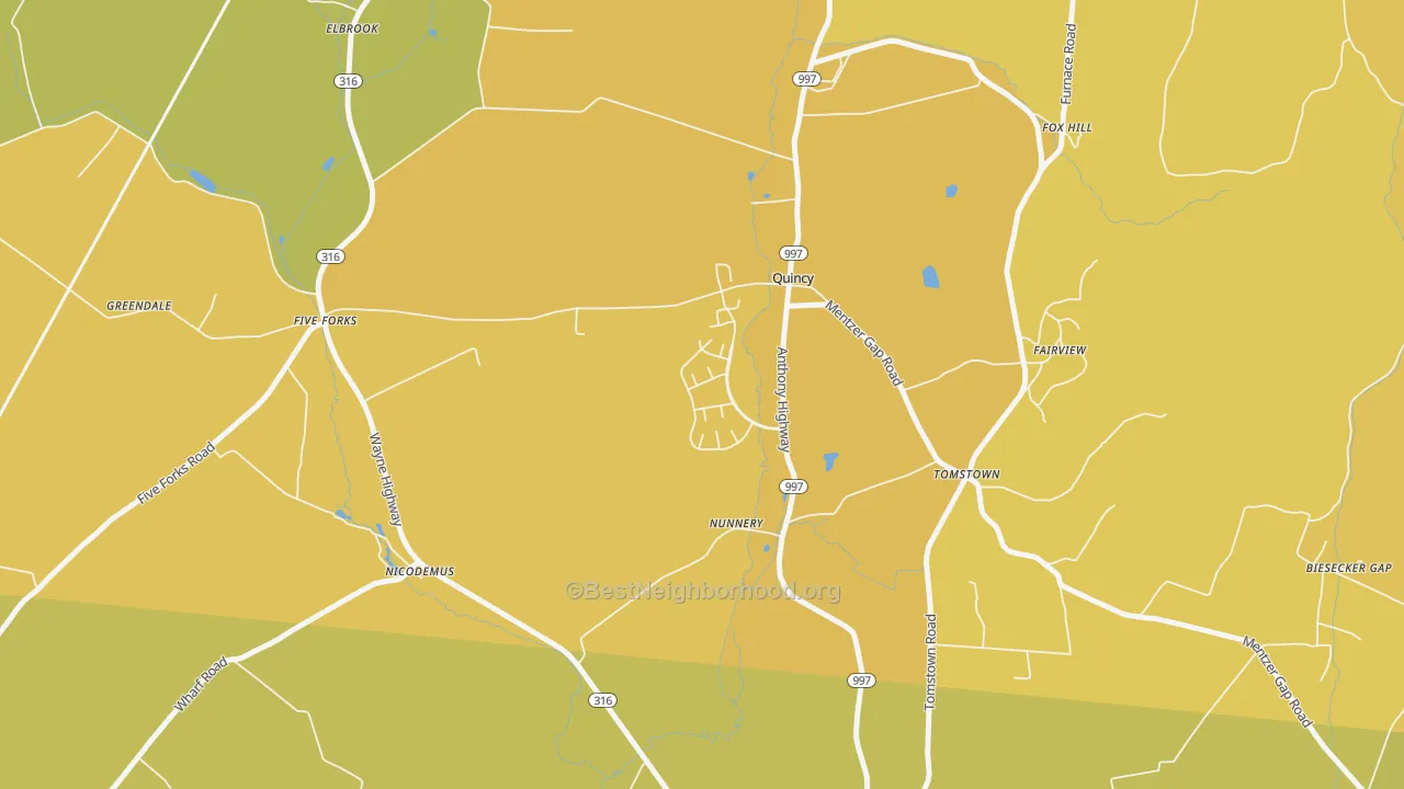 Map of the best neighborhoods in the 17247 area, with better matches in green and worse matches in red
