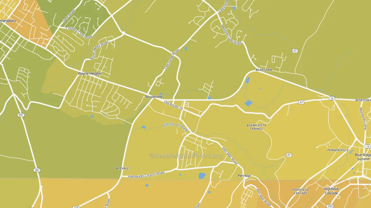 Map of the best neighborhoods in the 17250 area, with better matches in green and worse matches in red