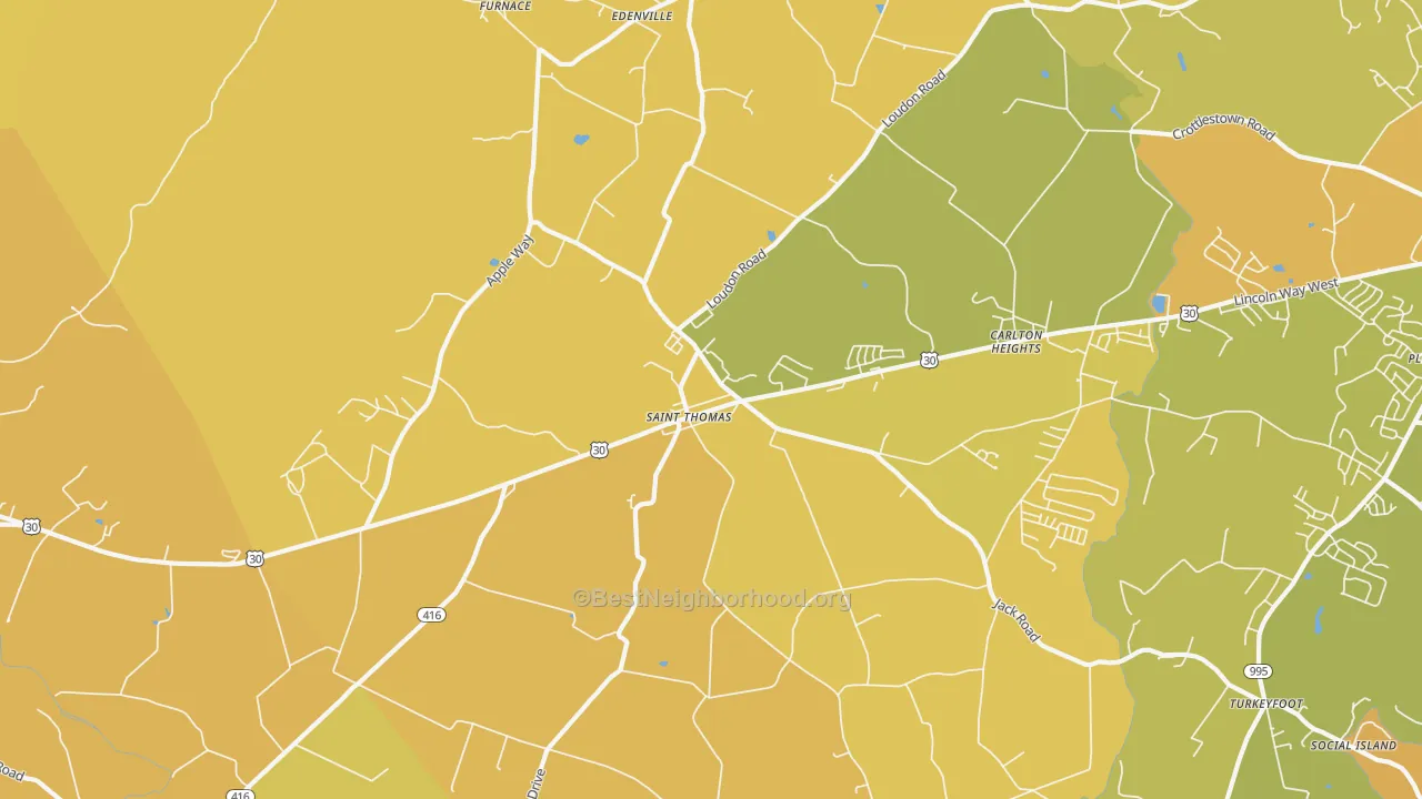 Map of the best neighborhoods in the 17252 area, with better matches in green and worse matches in red