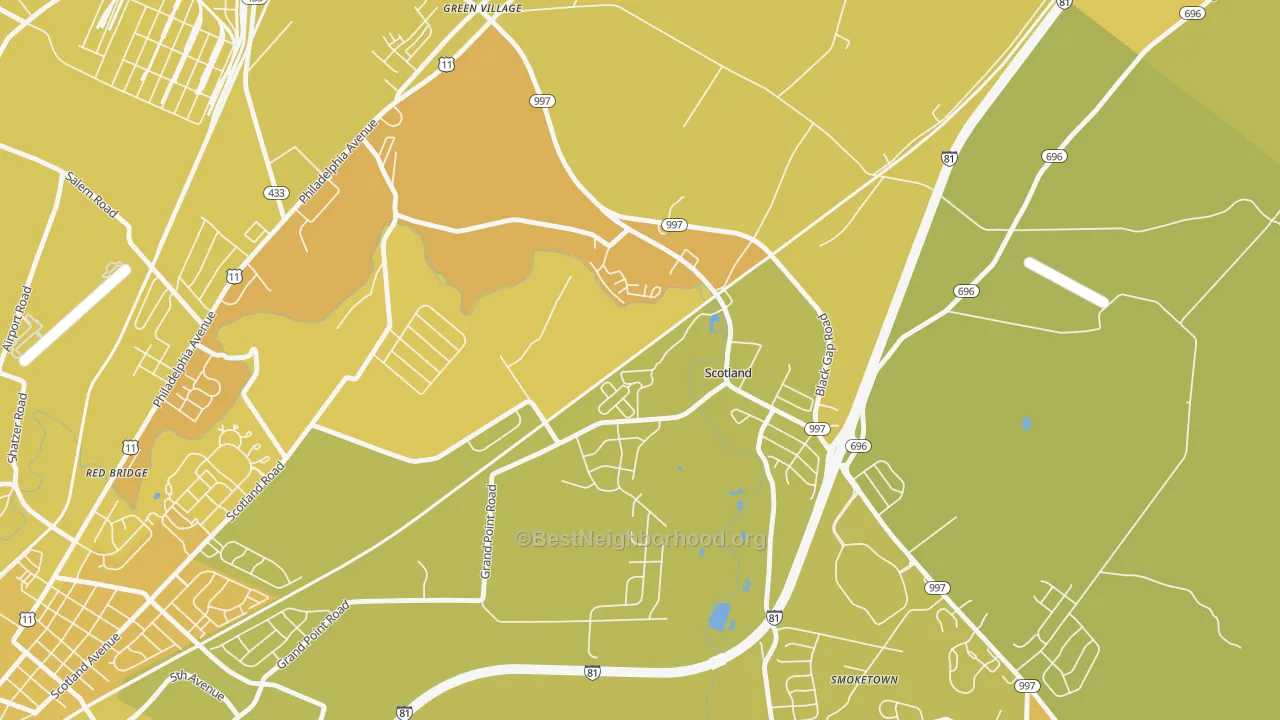 Map of the best neighborhoods in the 17254 area, with better matches in green and worse matches in red