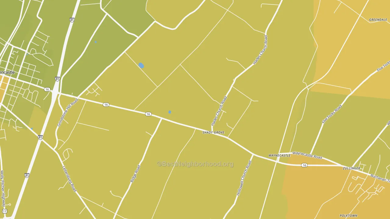 Map of the best neighborhoods in the 17256 area, with better matches in green and worse matches in red