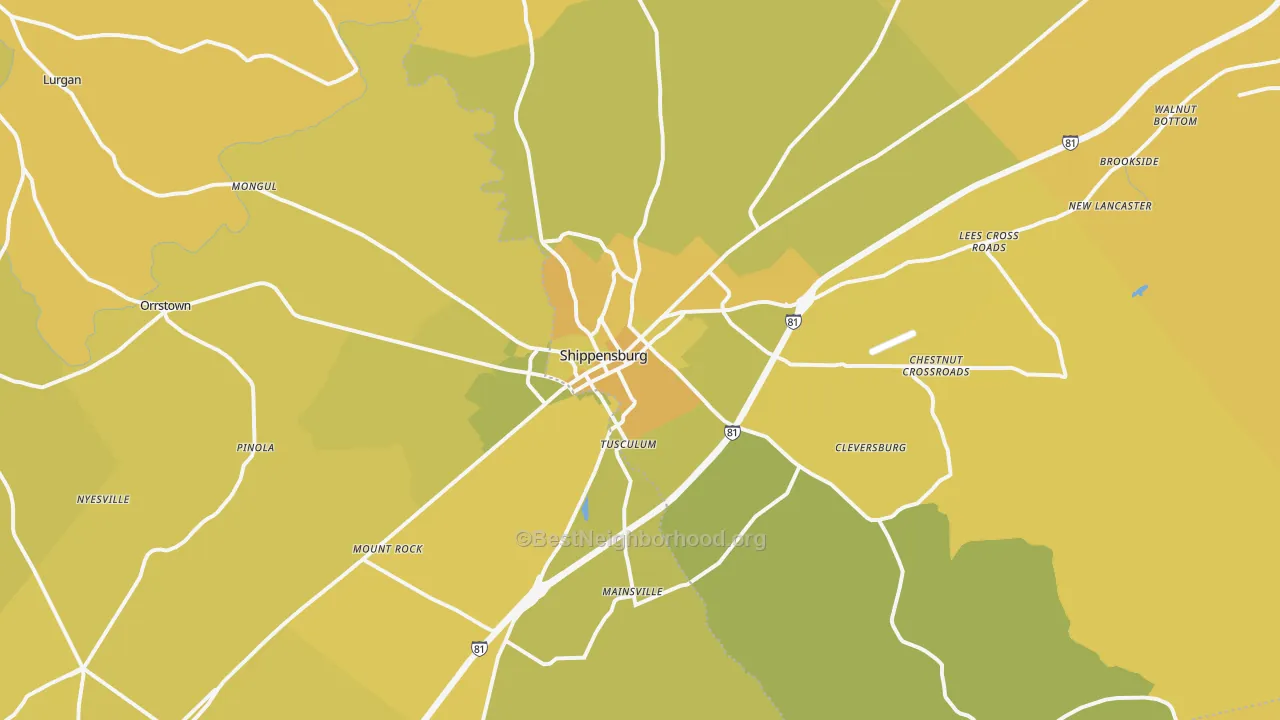Map of the best neighborhoods in the 17257 area, with better matches in green and worse matches in red