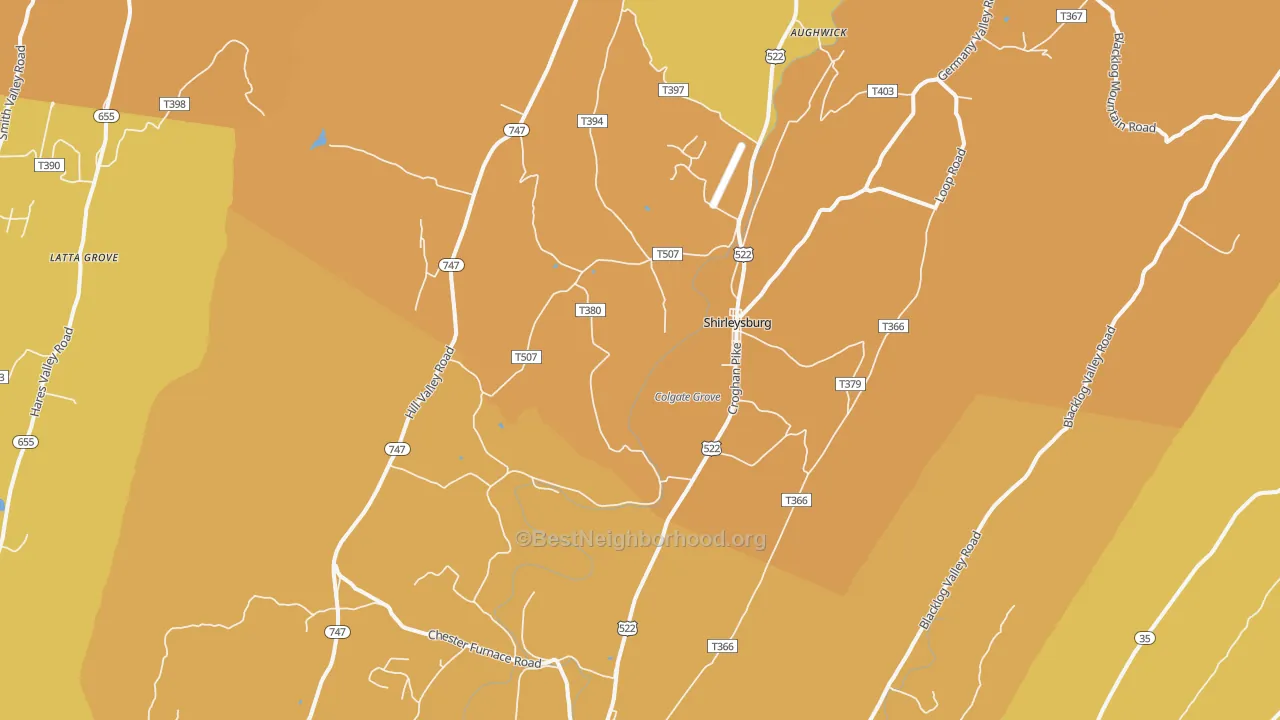 Map of the best neighborhoods in the 17260 area, with better matches in green and worse matches in red