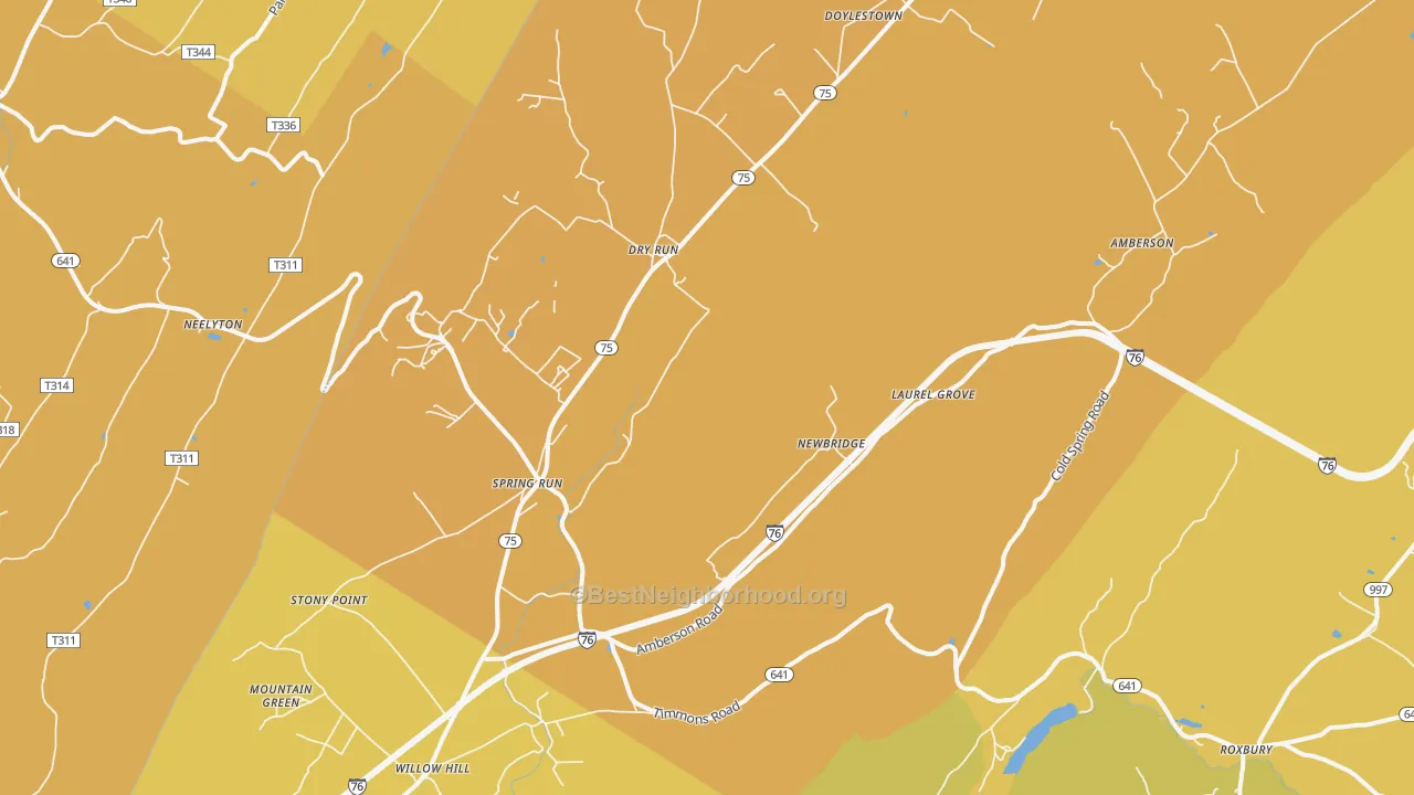 Map of the best neighborhoods in the 17262 area, with better matches in green and worse matches in red