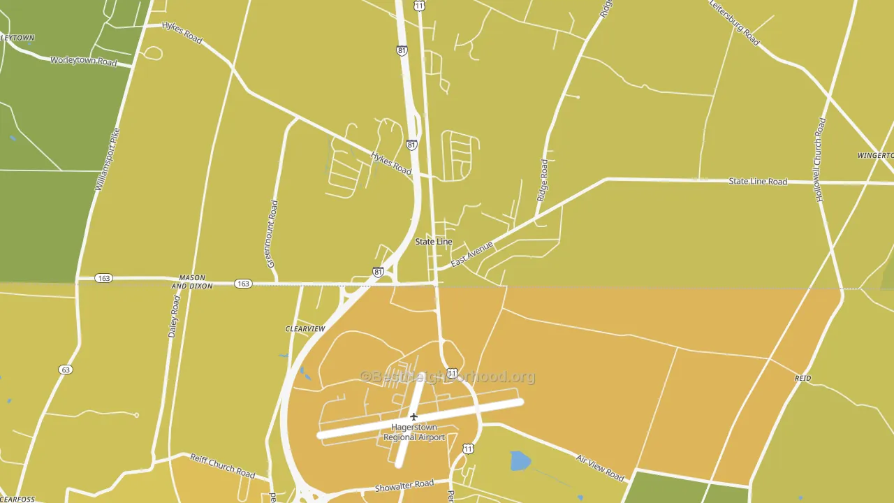 Map of the best neighborhoods in the 17263 area, with better matches in green and worse matches in red