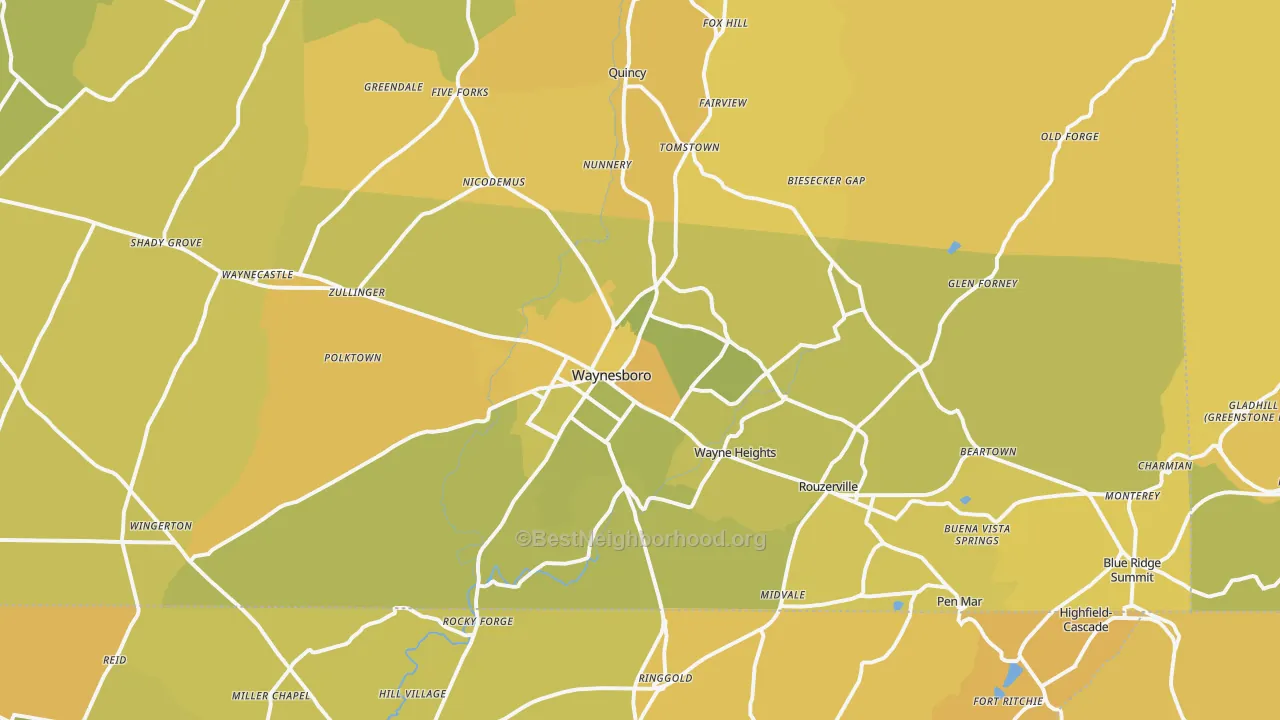 Map of the best neighborhoods in the 17268 area, with better matches in green and worse matches in red