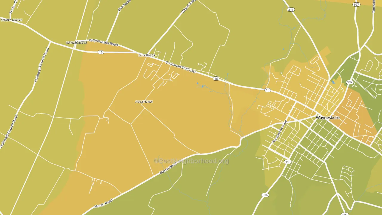 Map of the best neighborhoods in the 17272 area, with better matches in green and worse matches in red