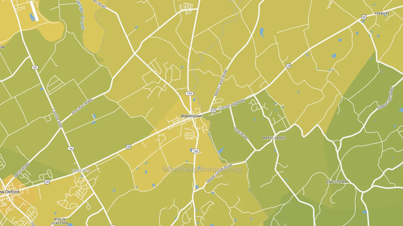 Map of the best neighborhoods in the 17301 area, with better matches in green and worse matches in red