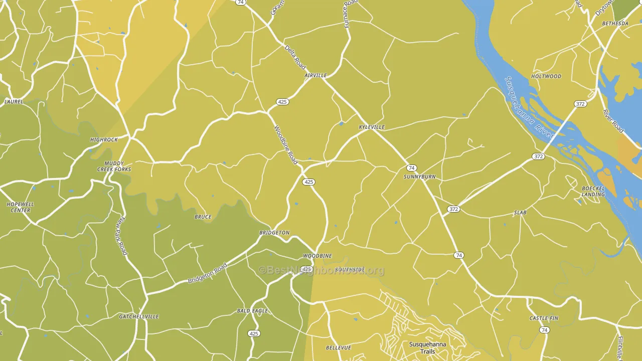 Map of the best neighborhoods in the 17302 area, with better matches in green and worse matches in red