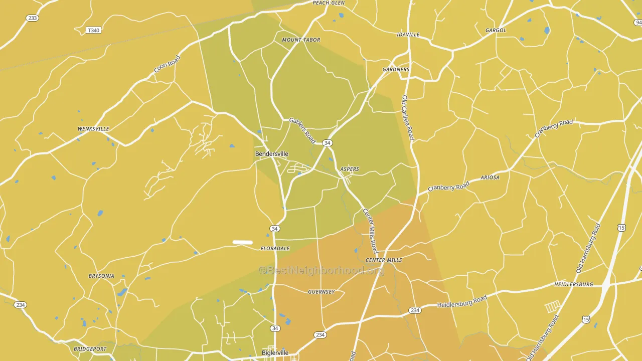 Map of the best neighborhoods in the 17304 area, with better matches in green and worse matches in red