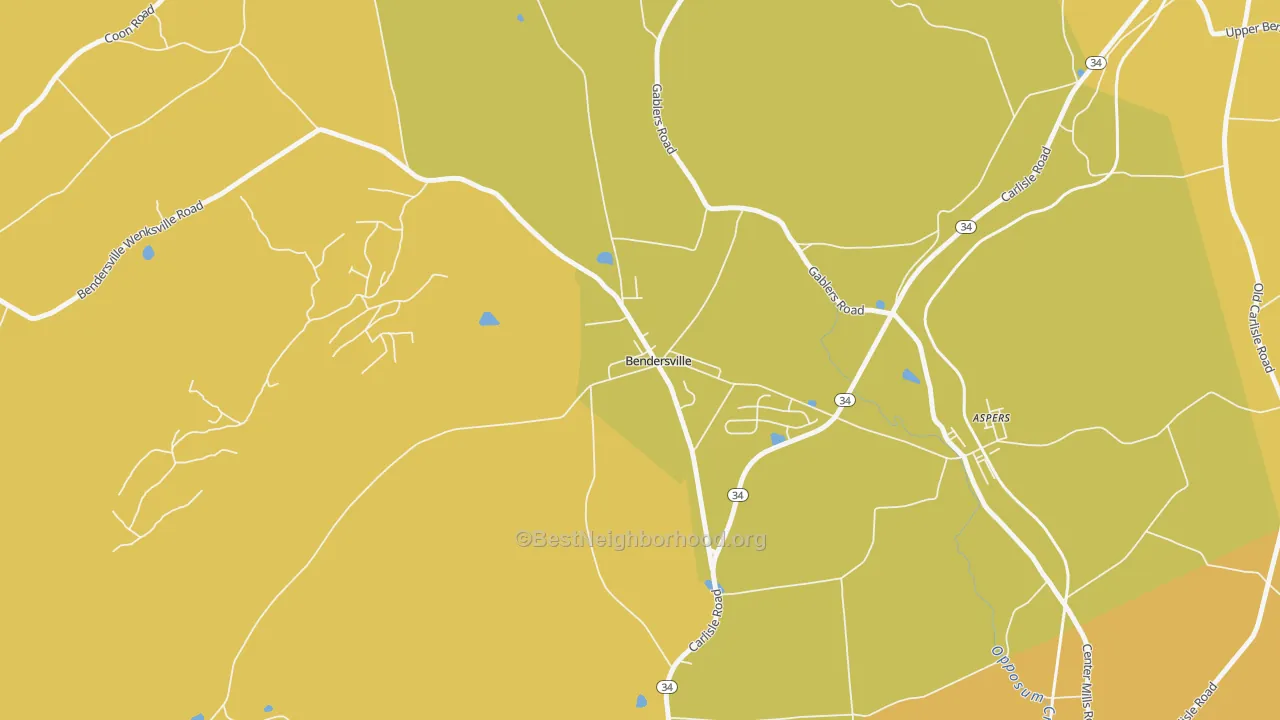 Map of the best neighborhoods in the 17306 area, with better matches in green and worse matches in red
