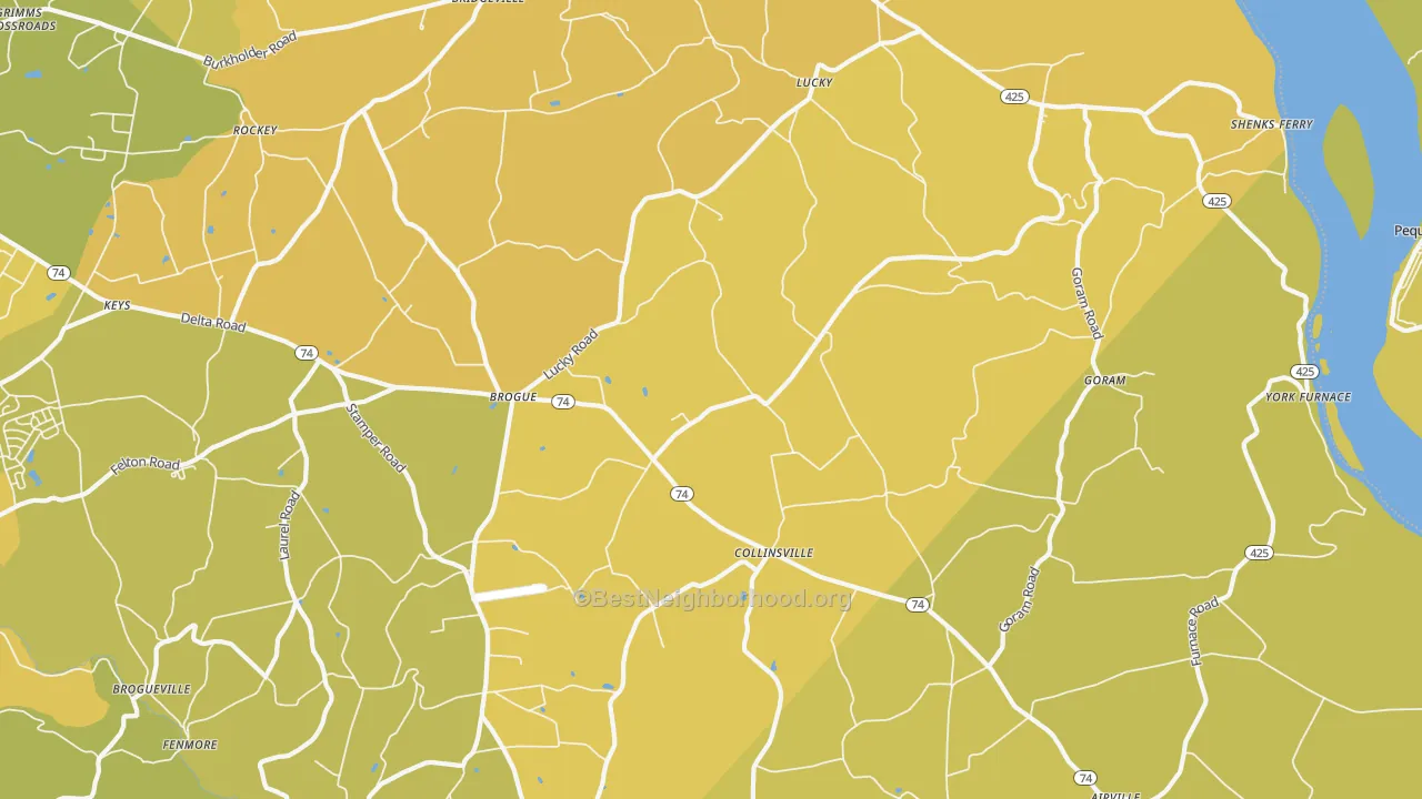 Map of the best neighborhoods in the 17309 area, with better matches in green and worse matches in red