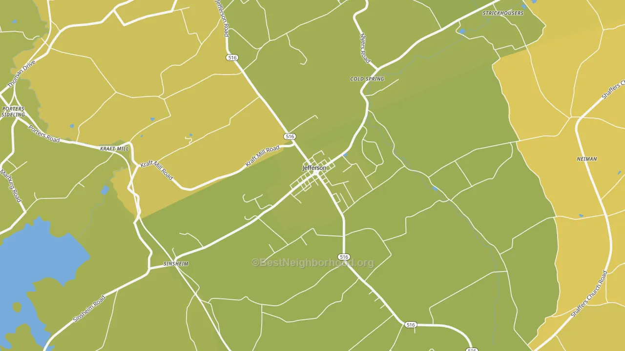 Map of the best neighborhoods in the 17311 area, with better matches in green and worse matches in red